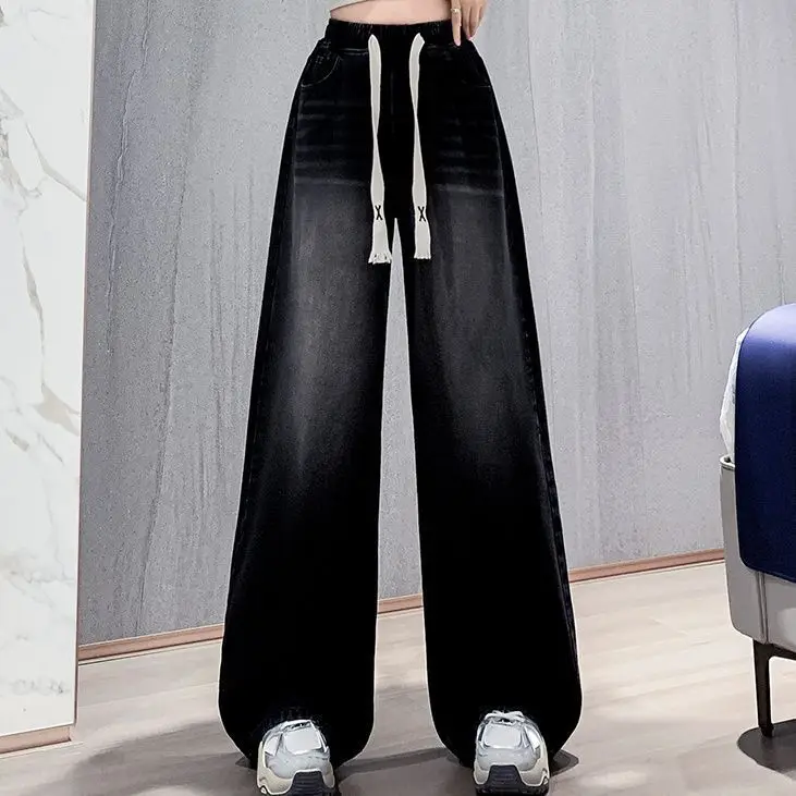 2025 Trendy Korean Style Women's Jeans: Cozy Fleece-Lined, High-Rise Wide Leg Trousers with Elastic Waist for A Slimming Look
