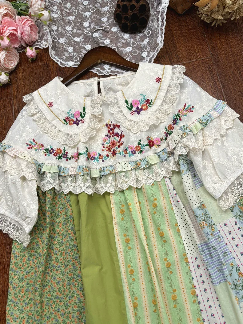 Vintage Embroidery Lace Ruffled Blouse Women Sweet Mori Girl Style Peter Pan Collar Patchwork Shirt Cute Kawaii Long Sleeve Tops