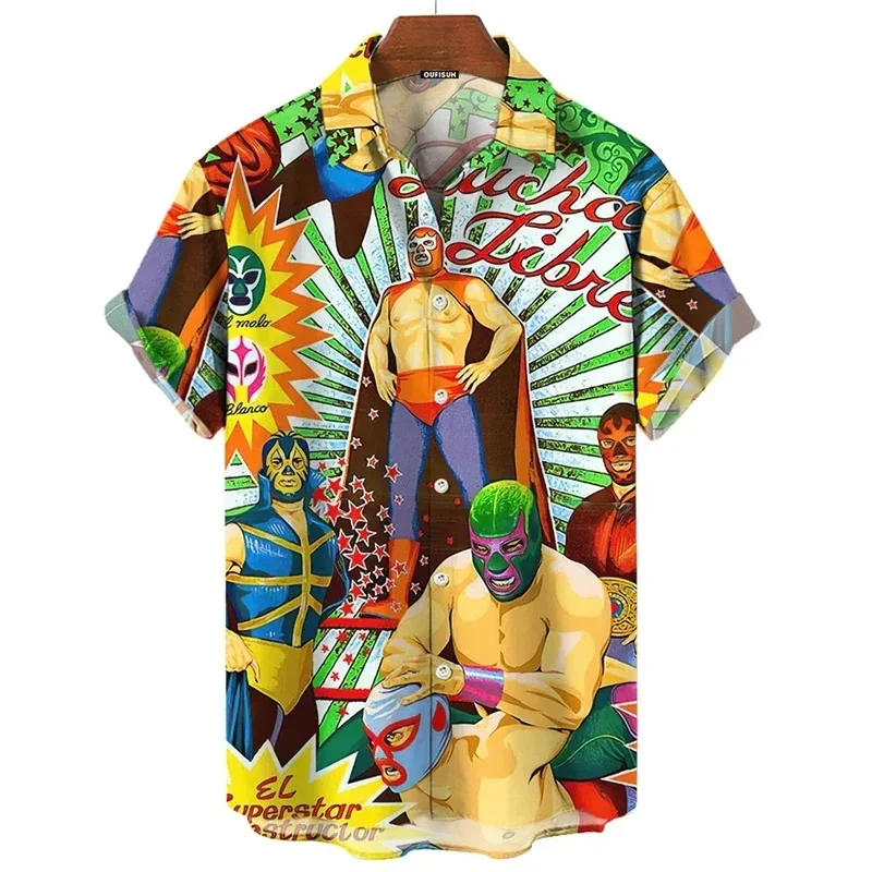 

Men Mexican Wrestling Print Men's Shirt Streetwear Fashion Summer 2026 New Short Sleeve Top Men's Trendy Clothing Hawaii