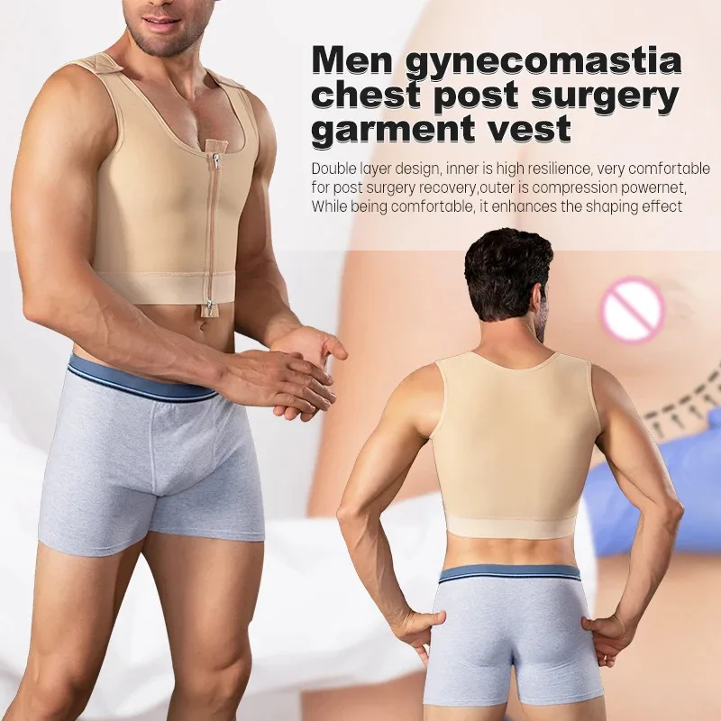 Men's Slimming Body Shaper Vest Sleeveless Zipper Front Gynecomastia Chest Compression Shapewear Post Operative Top