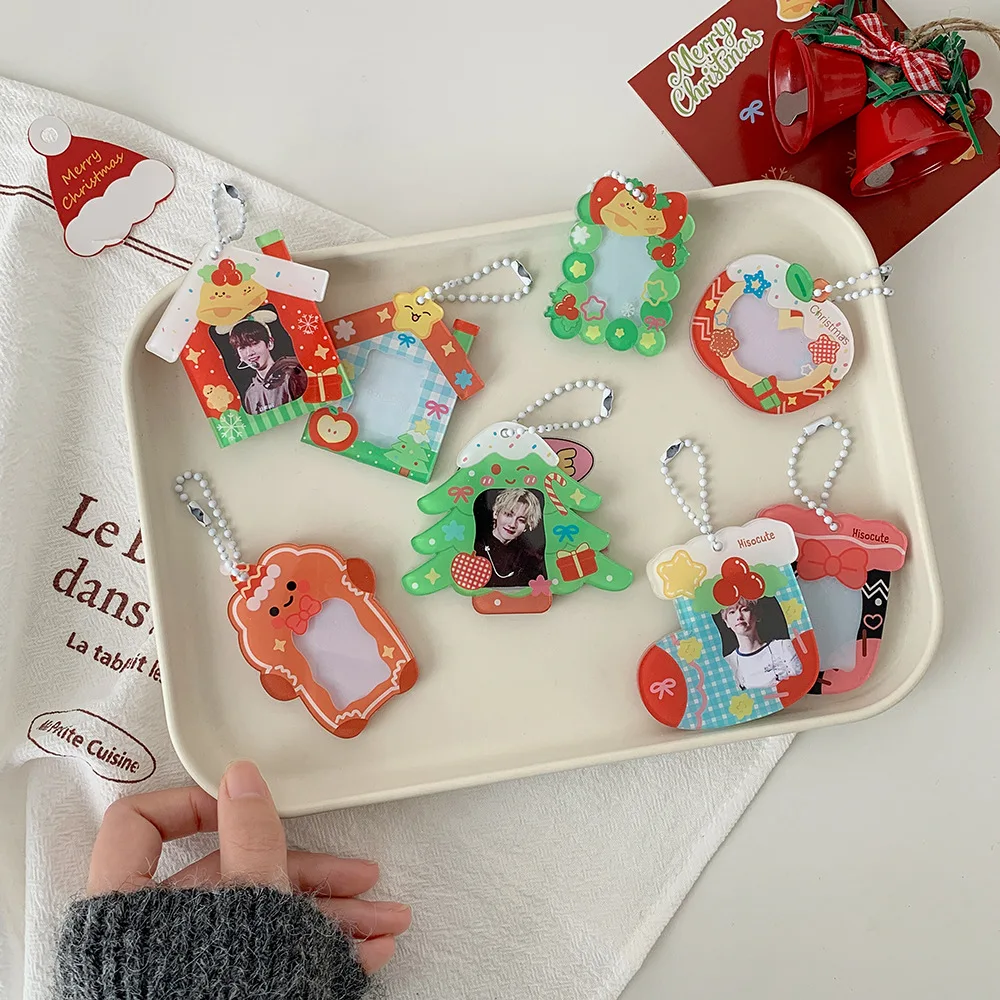 Christmas 1-Inch Photo Frame Keychain Acrylic Idol Photo Card Holder Student Kpop Idol Photo Organizer Case Bag Hanging Pendant