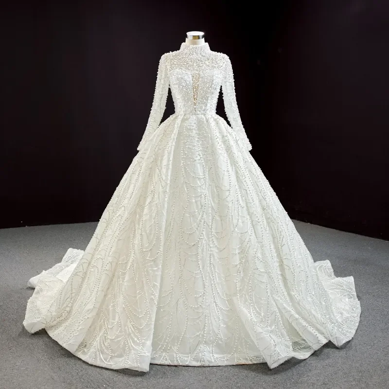 

Элегантное роскошное свадебное платье с пышной юбкой, белое атласное, с жемчужной сеткой, высоким воротом, длинными рукавами, открытой спиной, на бретелях, Vestido De Novia