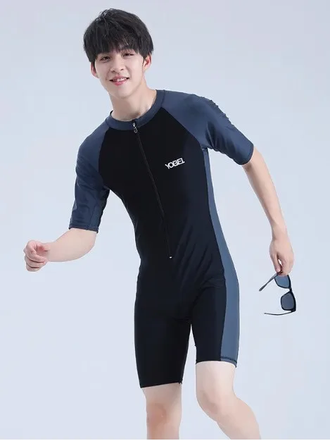 

Men Short Sleeve Outdoor Water Sports Beach Surfing SwimWear One Piece Professional Knee Length Bathing Athletic SwimSuit