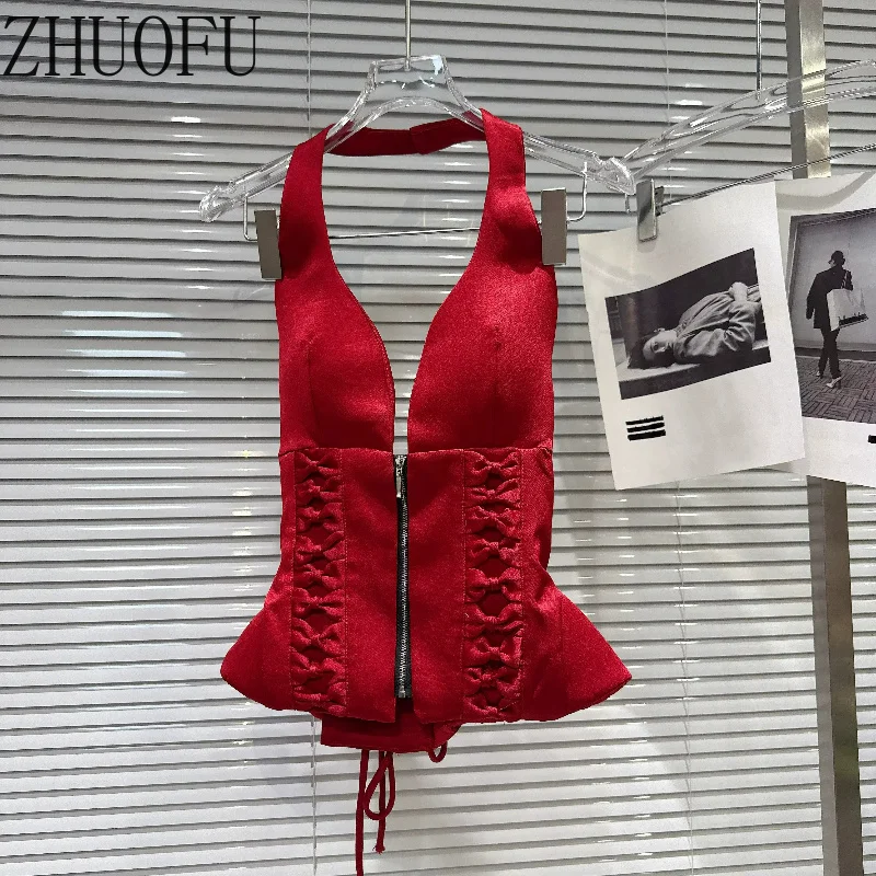 2026 Autumn New Women's Vest Red Sexy Temperament V-neck Kink Strap Backless Halter Chest Pad Sleeveless Sling Vests Ladies