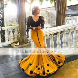 Customized Flamenco Prom Dress Yellow Black Dot Mermaid Evening Gowns Long Sleeve V Neck Formal Dance Party Wear