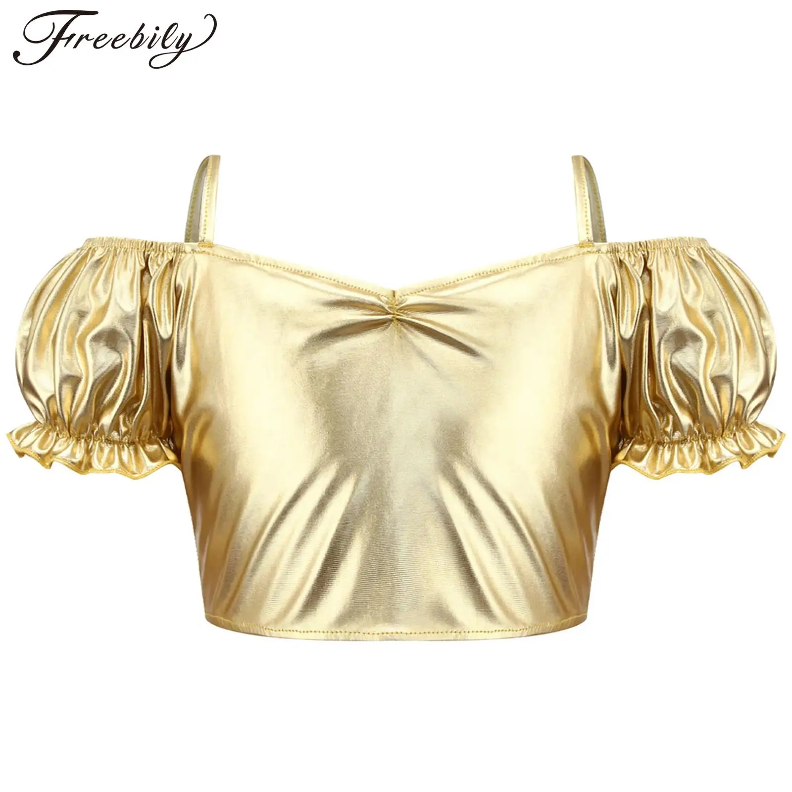 

Детский танцевальный костюм в стиле хип-хоп для девочек, укороченный топ с пышными рукавами и открытыми плечами, костюм для джазового уличного танца для сценического выступления