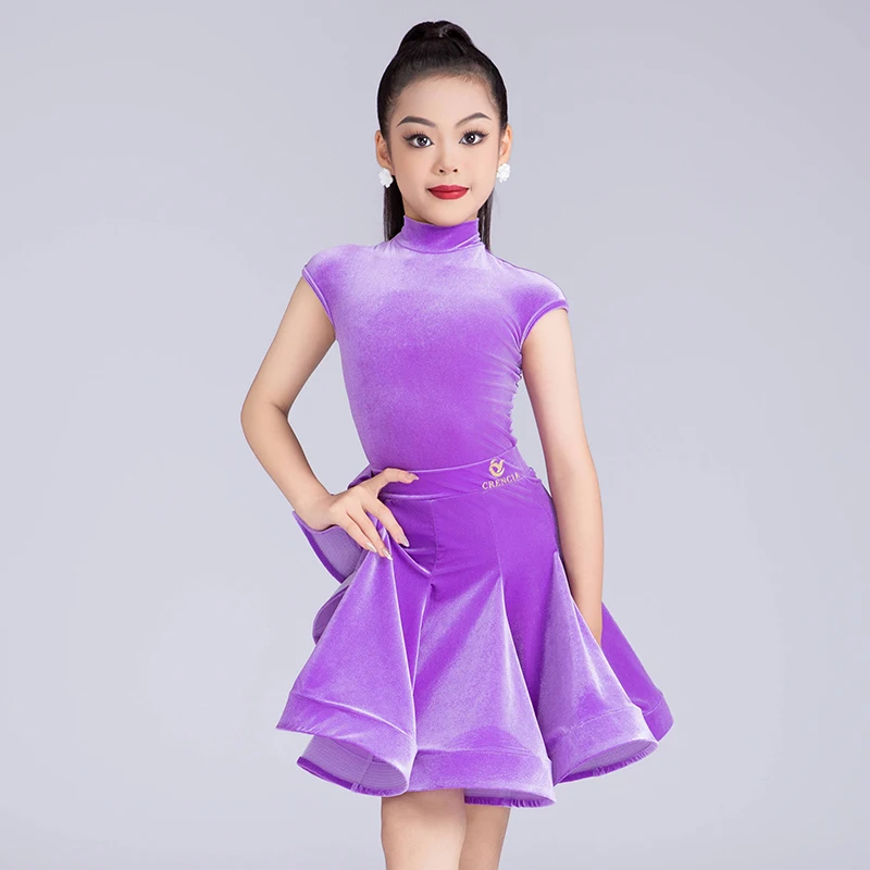 New Kids Latin Dance Competition Clothing Girls Standard Dress Cha Cha Dance Dress Thin Velvet Suit Training Dance Wear DNV20846