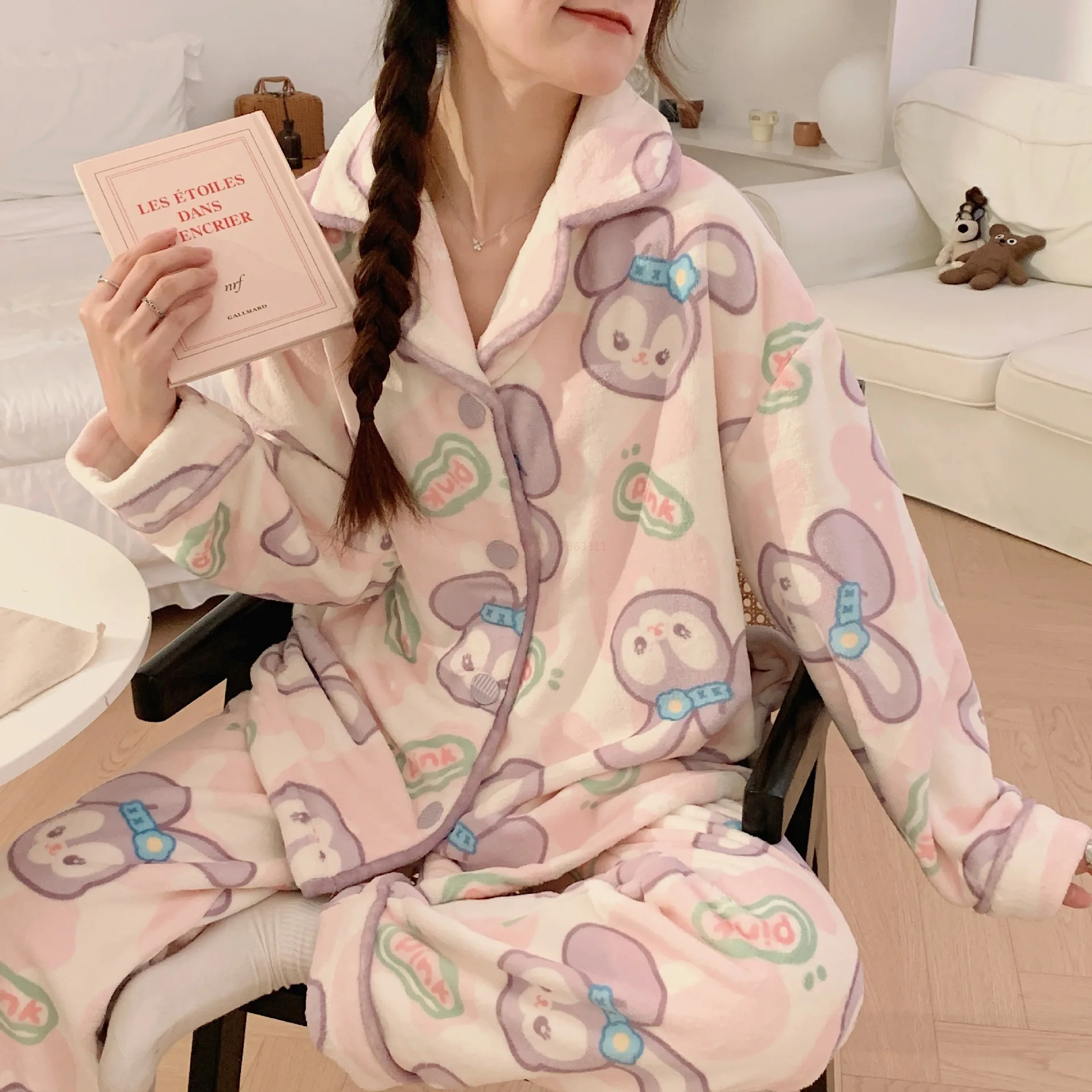 Miniso Crayon Shin-chan Women\'s Flannel Pajama Set Y2k Cartoon Home Furnishing Winter Warm Casual Long Sleeve Pants Pjama Gifts