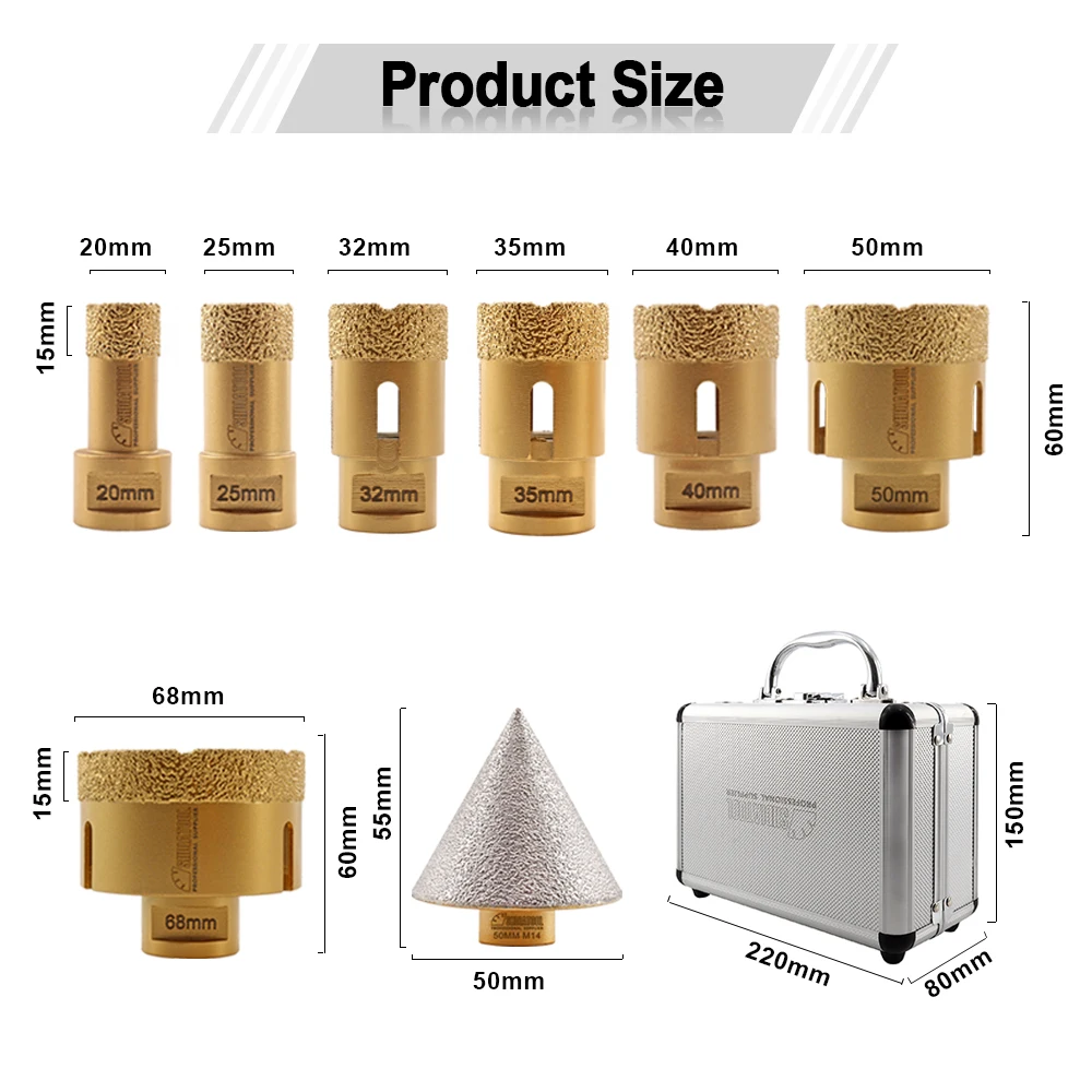 Imagem -05 - Shdiatool-drilling Milling Bits Kit M14 Telha Mármore Crown Grupo Abridor de Furos 50 mm de Diamante Chanfro 20 mm 25 mm 32 mm 35 mm 40 mm 50 mm 68 mm Pcs por Caixa