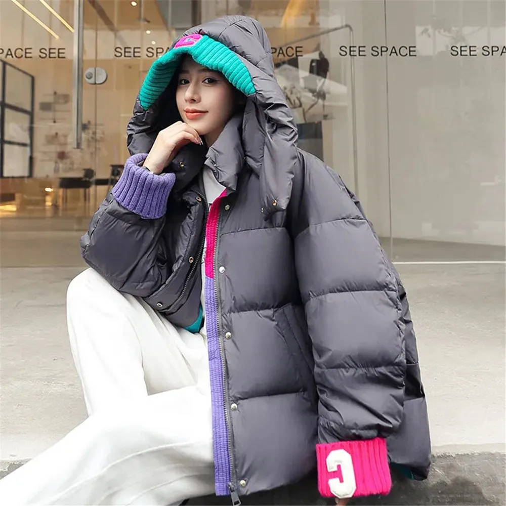 Patchwork Korean Fashion Streetwear Winter Parka Women Casual Loose Zip Up Jackets Vintage Y2k Oversized Snow Wear Clothes Coat