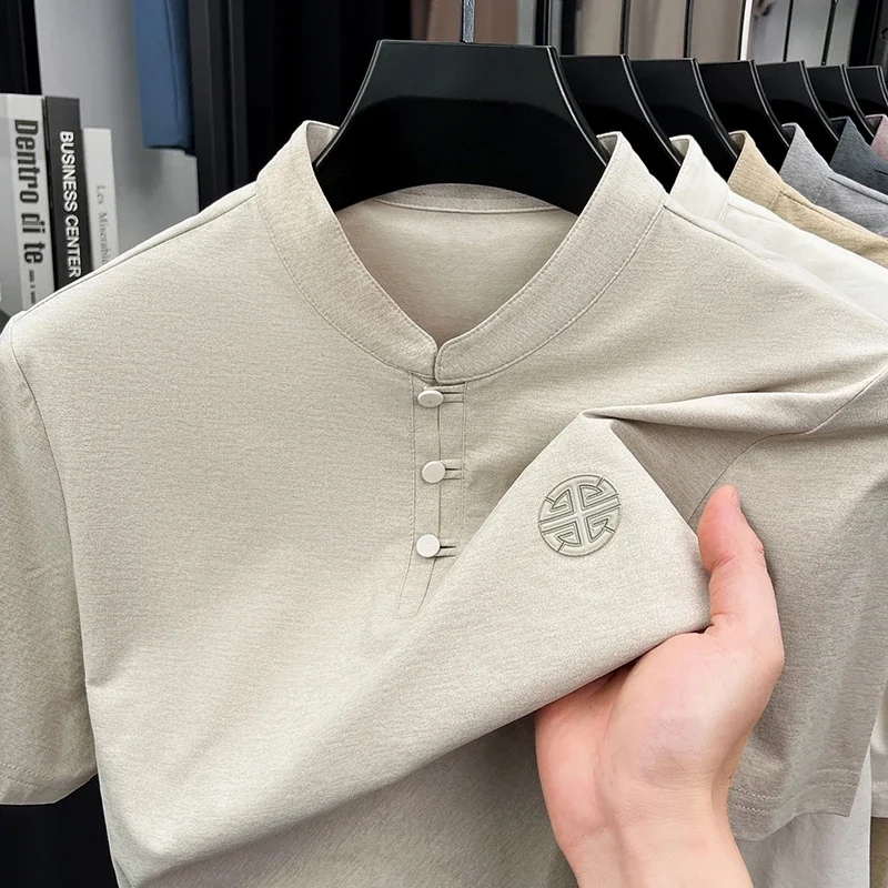 Men's Mandarin Collar Short Sleeve T-Shirt Casual Chinese Style Button Henley Shirt image 2