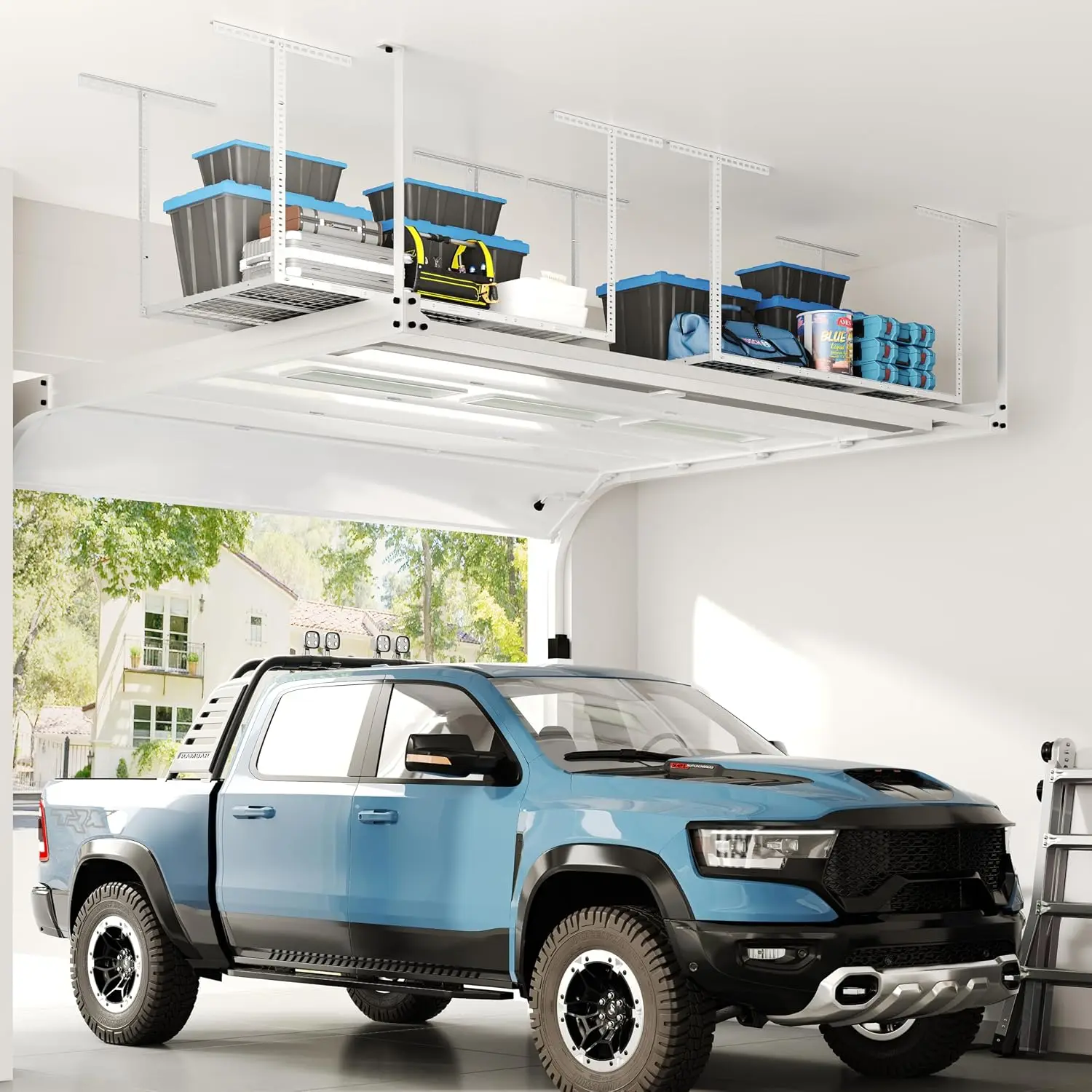 Overhead Garage Storage Rack, Ceiling Mounted Hanging Shelf Unit, Heavy Duty Adjustable Organization System, Multi Purpose Utility Room And Workshop Metal Organizer, Modern Home Storage, White, 1 Pack