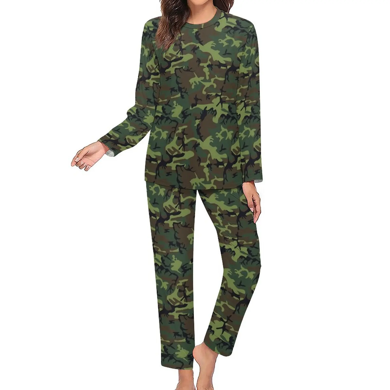 Military Camo Pajamas Women Green Camouflage Warm Nightwear Autumn 2 Pieces Home Oversized Pajama Sets