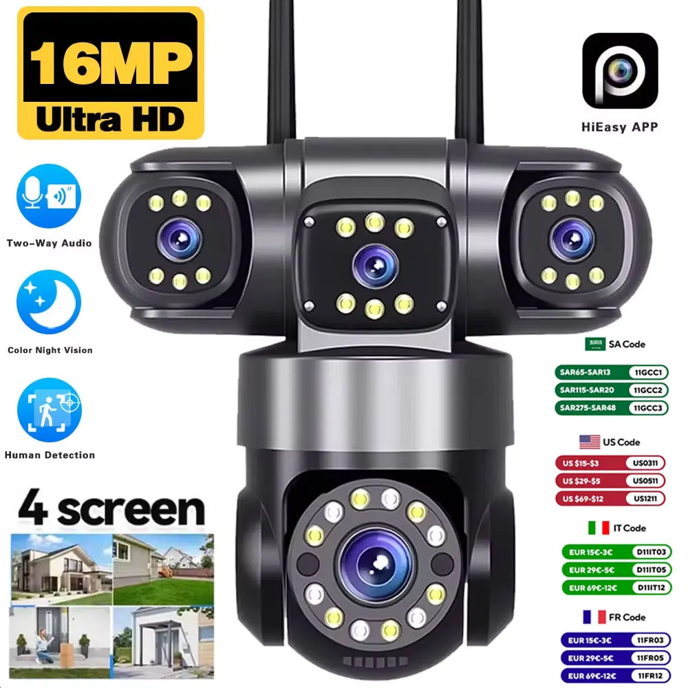 

16MP 4-Lens Outdoor WiFi Security Camera – 4-Screen Display, 360° PTZ 16X Zoom, Auto Tracking, Two-Way Audio, HiEasy App & CCTV