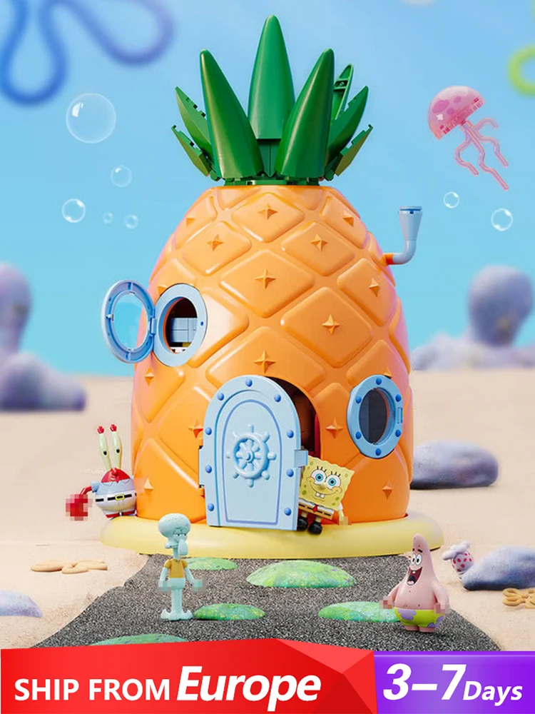 1284-teiliges SpongeBob Schwammkopf-Bausteine-Set, mit 4 Figuren, Ananashaus, modulares Modell, Puzzle-Spielzeug, Geschenk für Erwachsene und Kinder