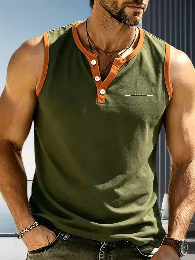 Men Henley Sleeveless T-shirt, Contrast Color Neckline & Armhole Binding, Letter Stripe Graphic Button Casual Workout Tank Top