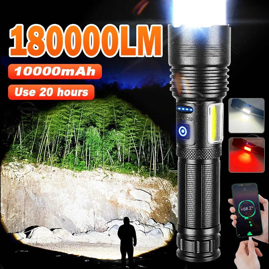 180000LM High Power LED Flashlight Tactical Torch Emergency Spotlight Built-in Battery USB Rechargeable Camping Flashlight