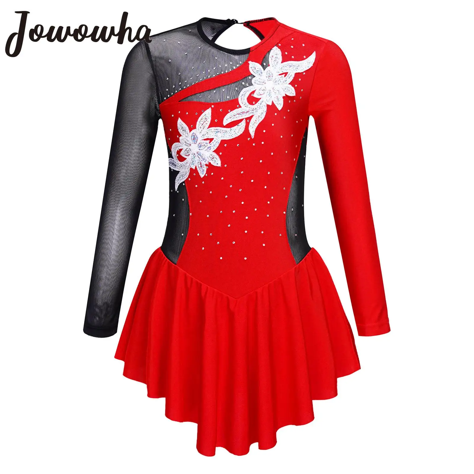 

Kids Girls Figure Skating Gymnastics Performance Costume Ballet Dance Tutu Dress Long Sleeve Shiny Rhinestone Leotard Dancewear