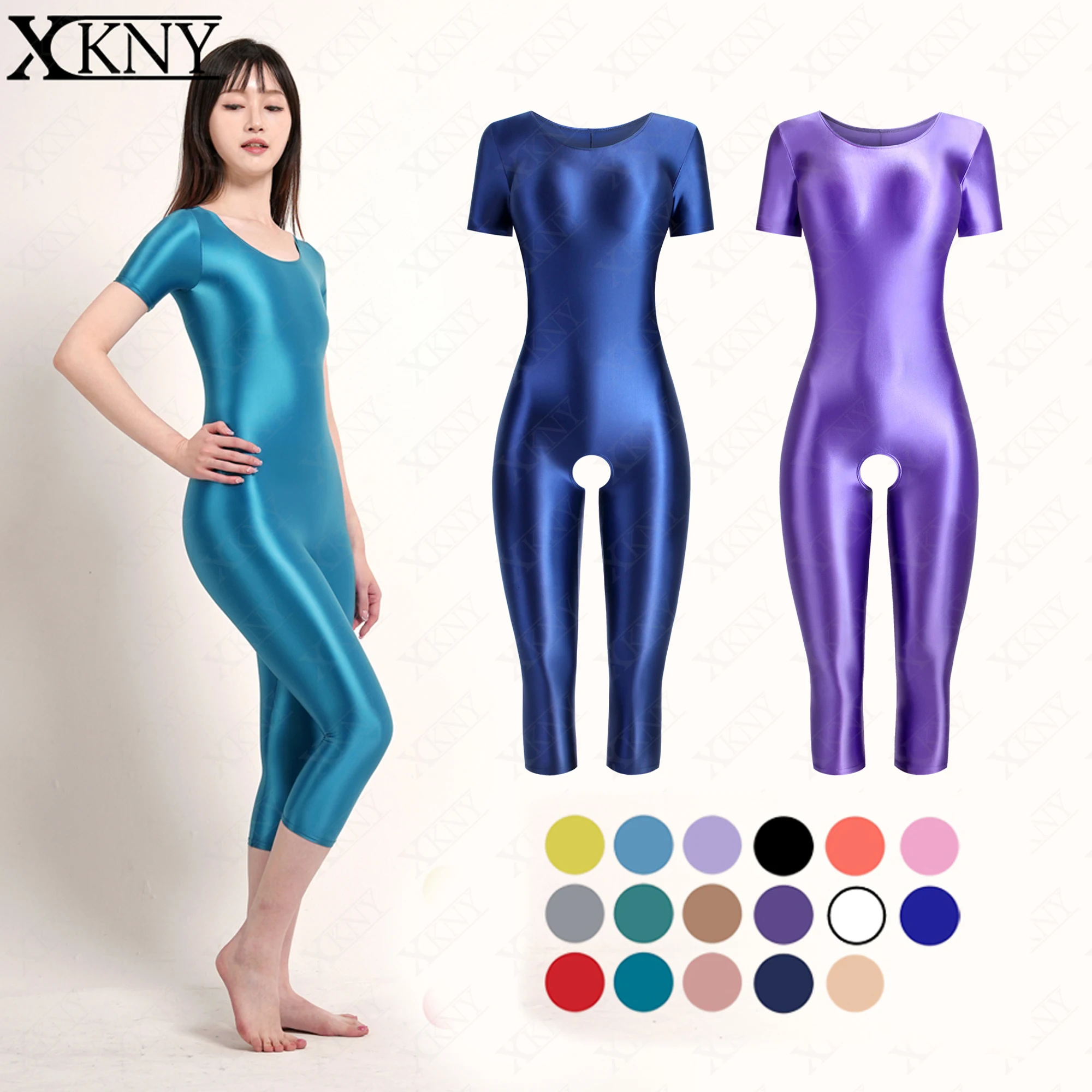 

XCKNY satin glossy tights oily silky round neck suit Yoga Leotards short sleeve 7-point length open pants tights unisex swimsuit