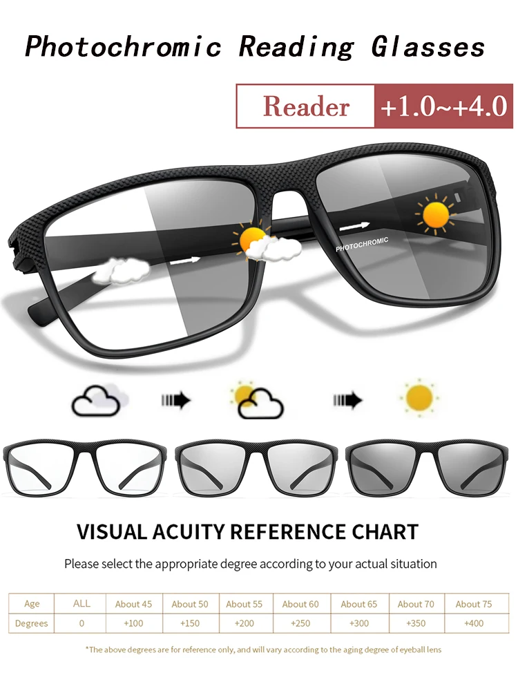 Lunettes de lecture photochromiques classiques pour monture carrée unisexe pour presbytie lunettes anti-lumière bleue bloquant pour la vue lointaine