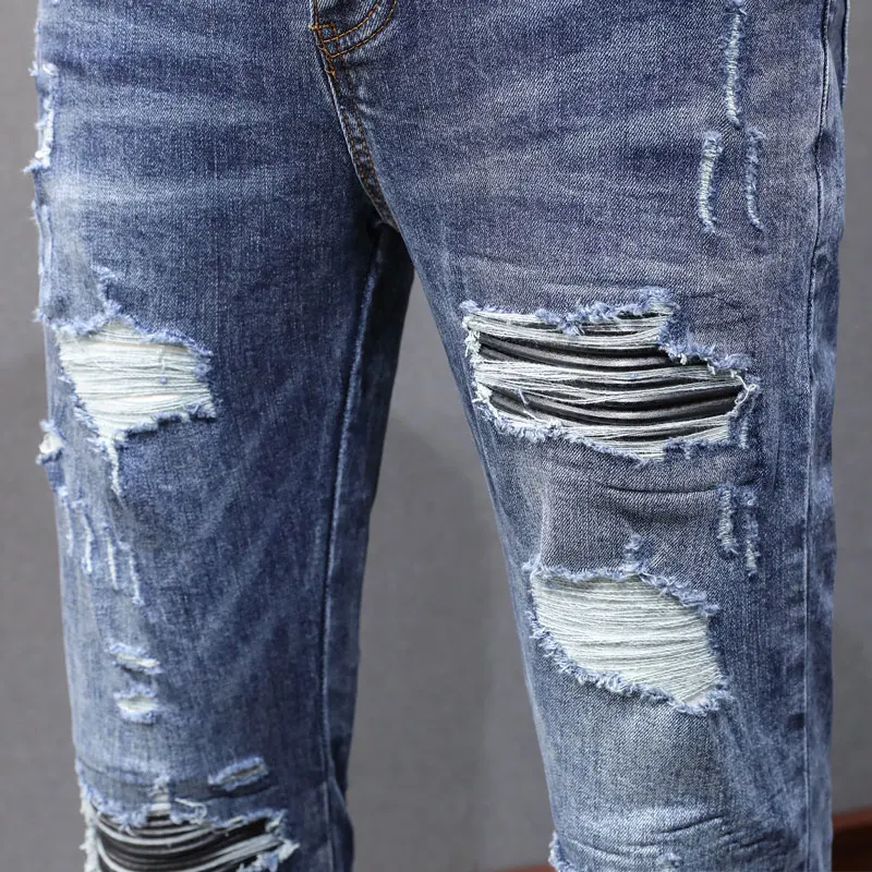 

High Street Fashion Designer Men Jeans Retro Blue Stretch Slim Fit Ripped Jeans Men Patched Brand Hip Hop Y2K Denim Pants Hombre