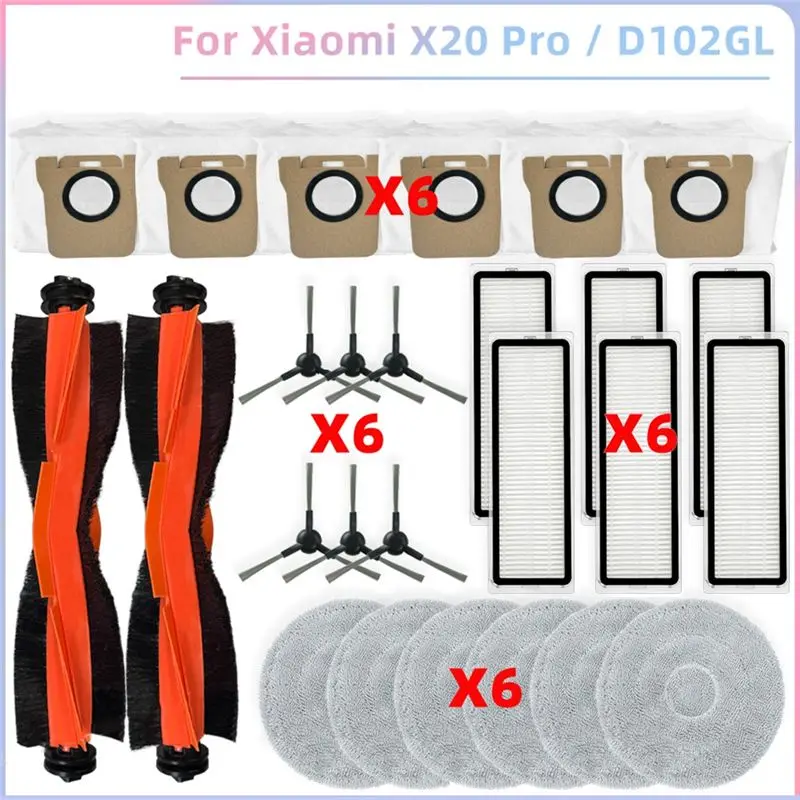 VEHO-For Robot Vacuum X20 PRO / D102GL Vacuum Parts Main Roller Side Brush Hepa Filters Mop Cloth Dust Bags