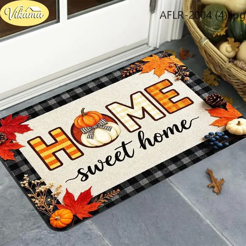 VIKAMA Fall Doormat Buffalo Check Home Sweet Home Plaid Letters Pumpkin Maple Leaves Front Door Mat Indoor Outdoor Home Decor