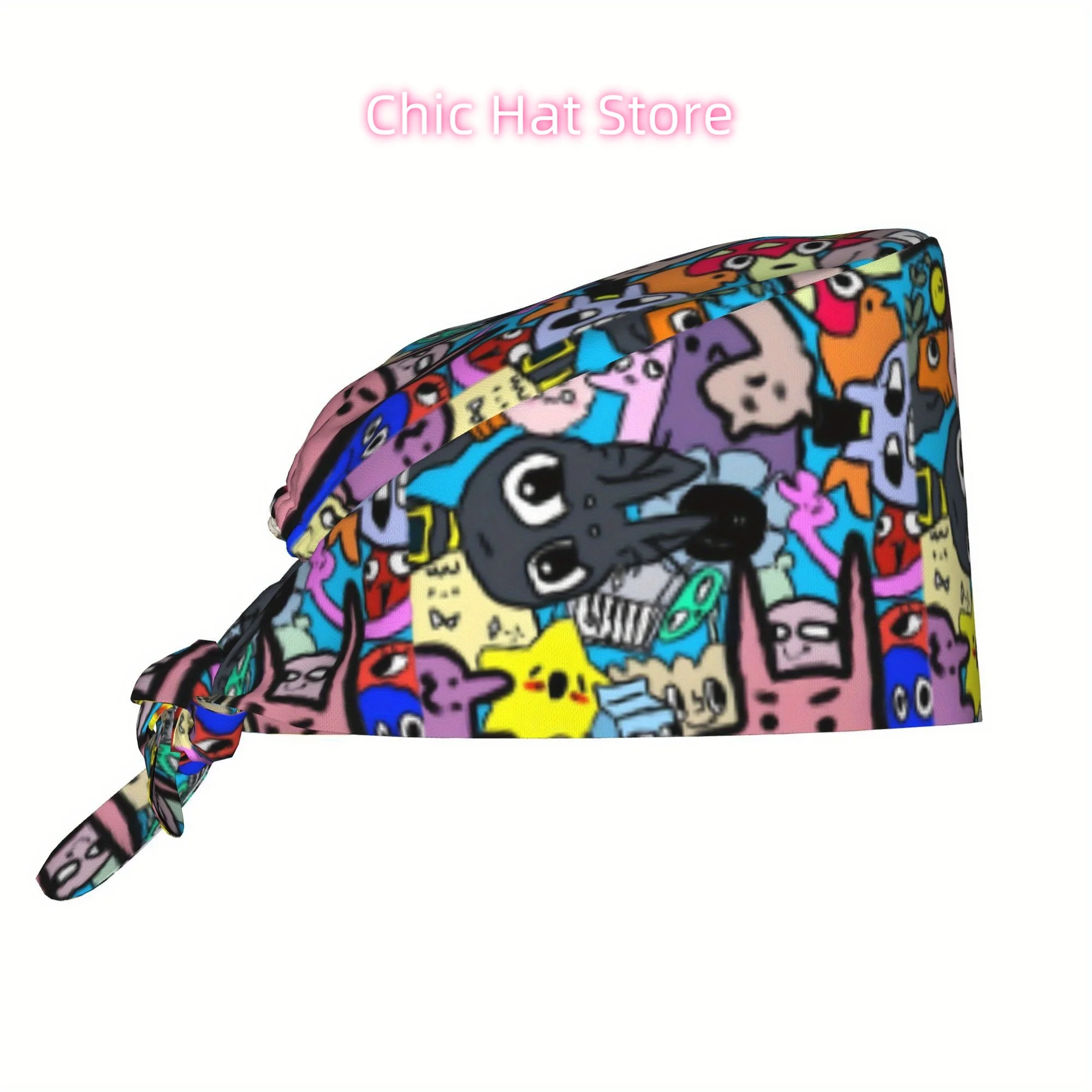 1pc Cartoon Unisex Trendy Printed Work Hat - Lightweight Adjustable Skull Cap with Tie-Back for Nurses, Dustproof Chef & Cooking