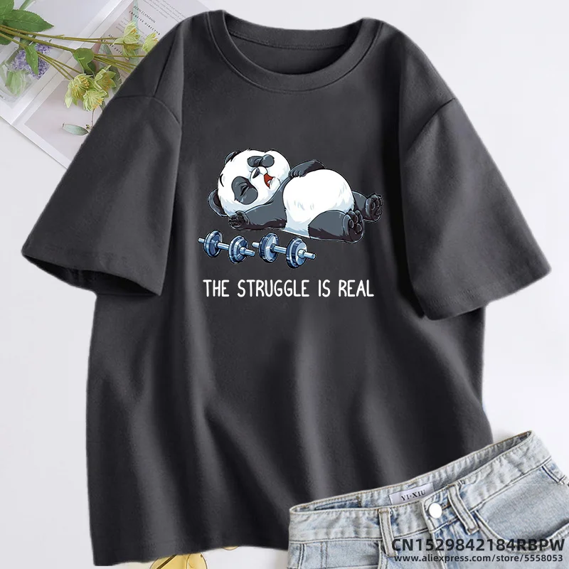 The Struggle Is Real Fitness Panda T Shirt Funny Cartoon T-shirts Summer Short Sleeve Graphic T Shirts Streetwear Women\'s Tops