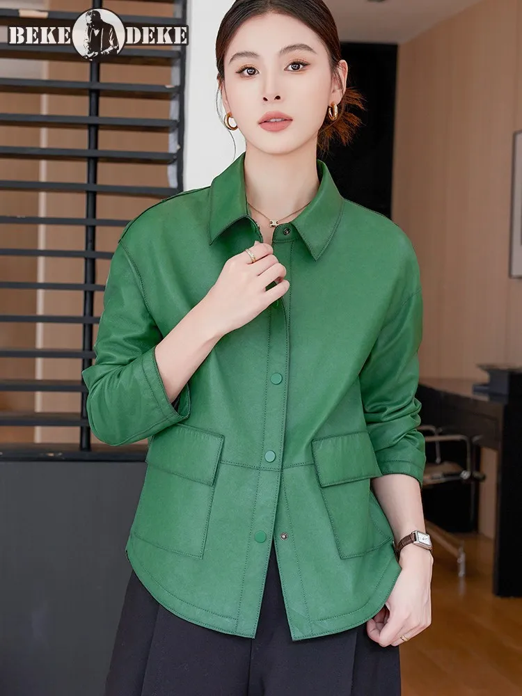 Women Genuine Leather Shirt Jacket Single Breasted Casual Long Sleeve Fashion Spring Autumn Office Solid Color Sheepskin Coat