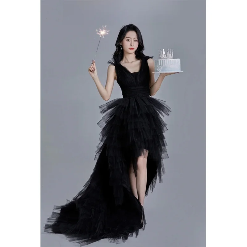 

Элегантное вечернее платье с длинным шлейфом 2024 года, новинка, черное, для сценических выступлений, свадеб, банкетов, ведущих, с драпированной длинной юбкой