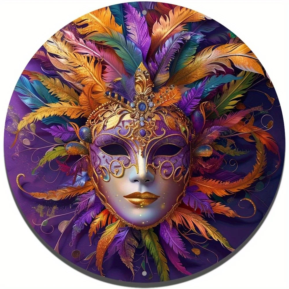 

Glamorous Round Aluminum Flat Sign, Vibrant Mardi Gras Carnival Mask Theme Decor, Door, Wall, Room, Home Decoration