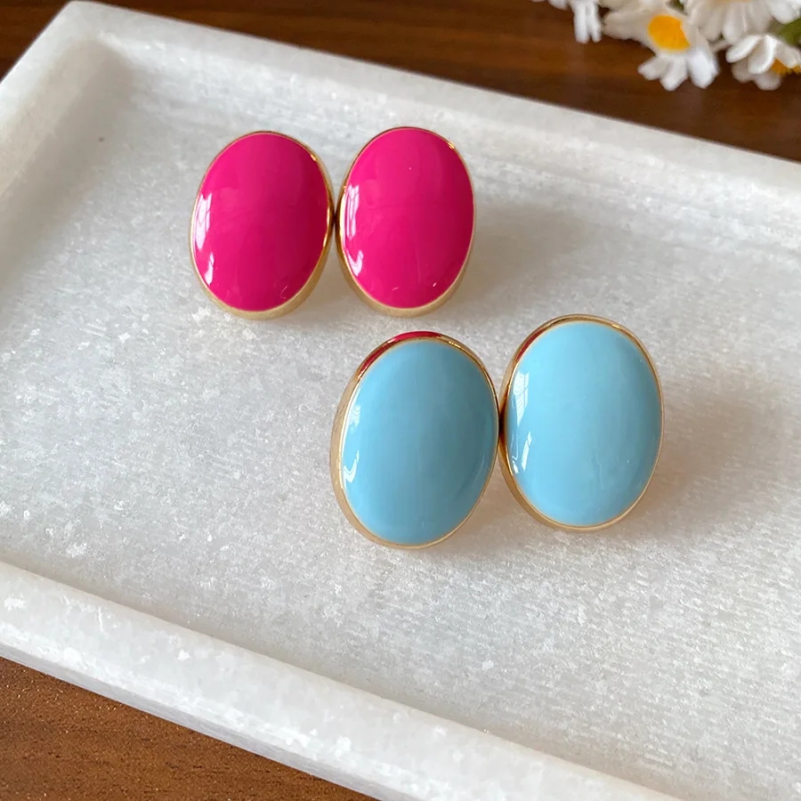 Pink Blue Oil-dropping Round Oval Stud Earrings Unique Design Bean Beads Ear Studs Earrings Temperament Girl Ear Accessories