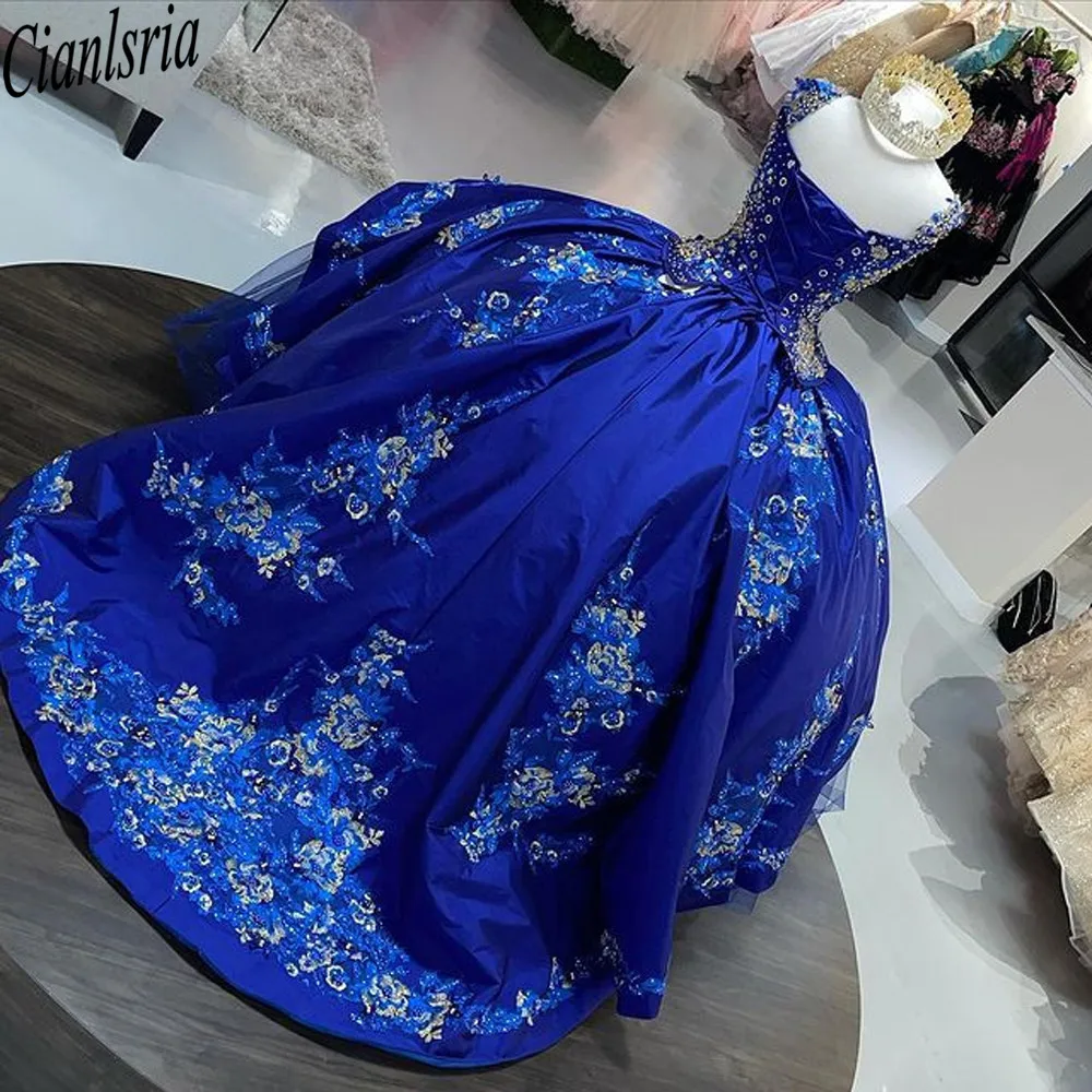 Vestido azul real de quinceañera, dulce vestido de encaje dorado mejicano de 16, tafetán hinchado, vestido de baile de graduación, vestido de corsé de 15 años