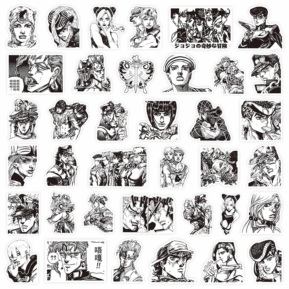 10/30/77 pçs anime jojo's bizarre adventure adesivos dos desenhos animados decalques garrafa de água telefone portátil legal preto branco adesivo decoração