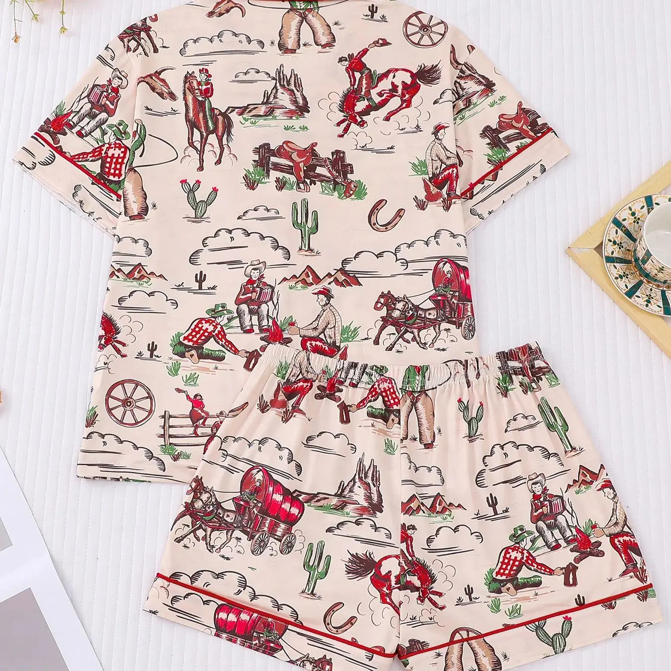 Western Denim Printed Pajamas, Loose Short-Sleeved Shorts, Soft and Skin-Friendly, Can Be Worn as a Two-Piece Home Outfit