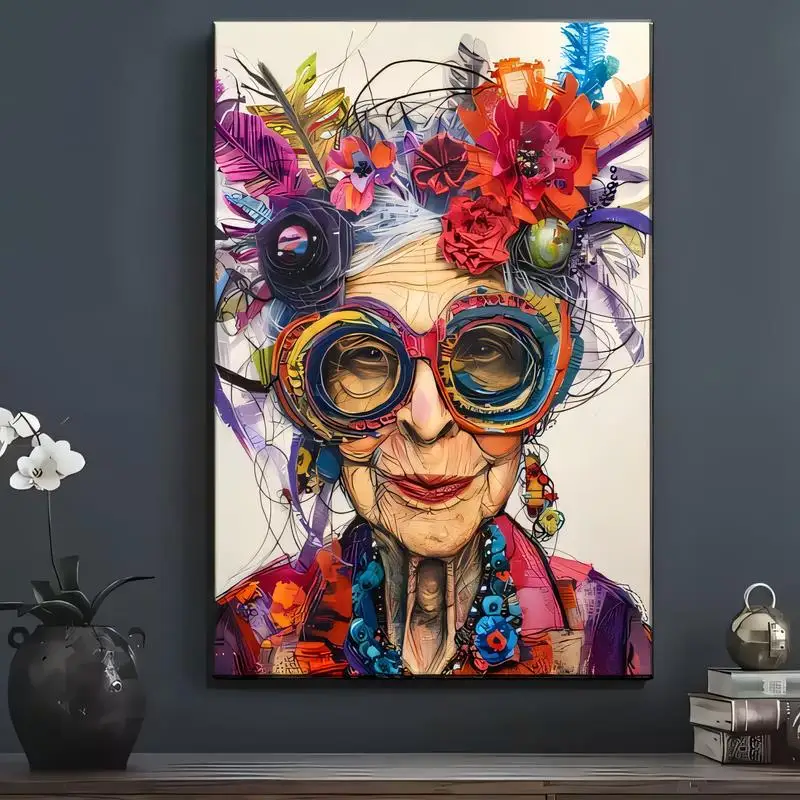 Vibrant Pop Art Elderly Woman Wall Art - Colorful Floral & Oversized Glasses Design, Canvas Print for Living Room Bedroom Decor,