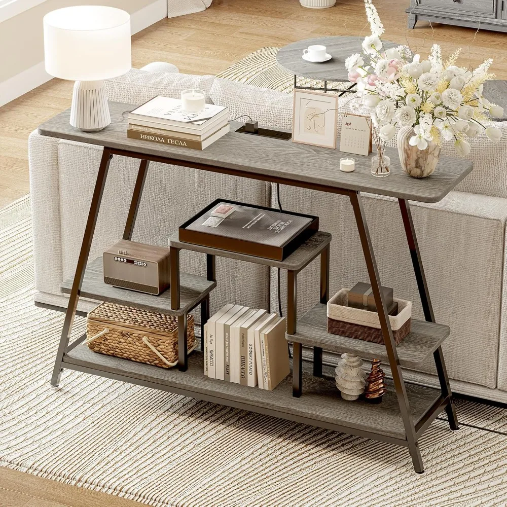 47.2" Narrow Entryway Table with Power Outlets, Industrial 4-Tier Console Table with Storage, Small Sofa Table Behind The Couch