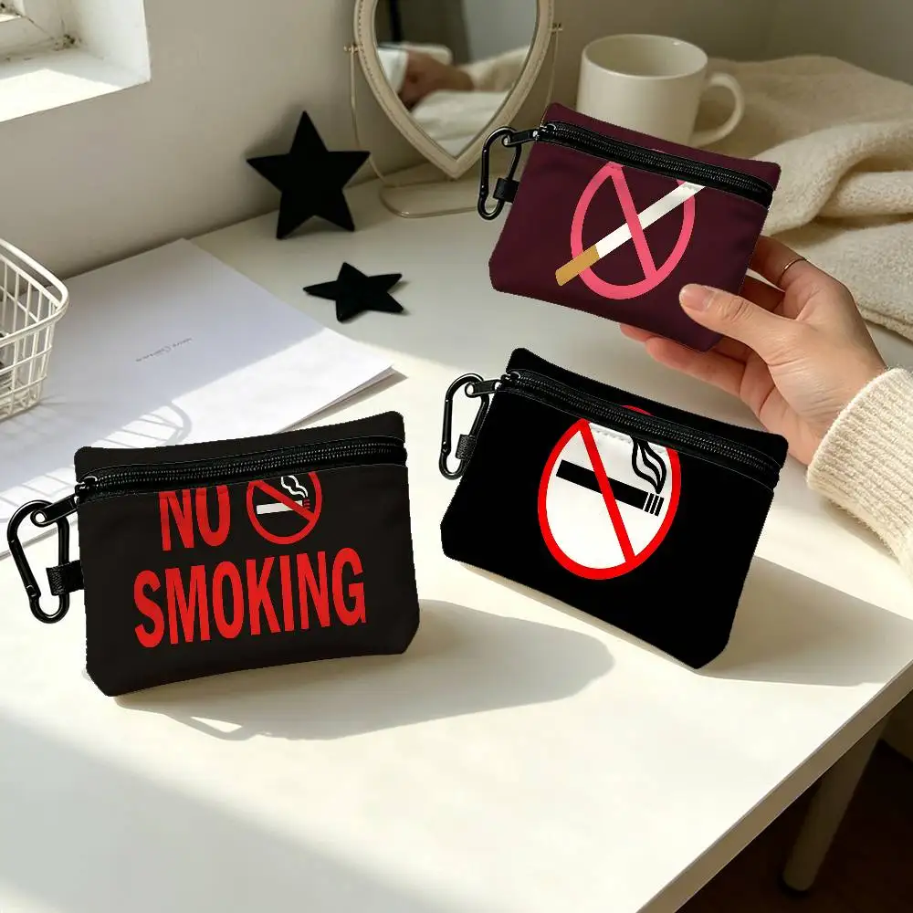 No Smoking Sign Portable Oxford Fabric Mini Wallet Carabiner Design Small Coin Bag For Cards Keys Earphones
