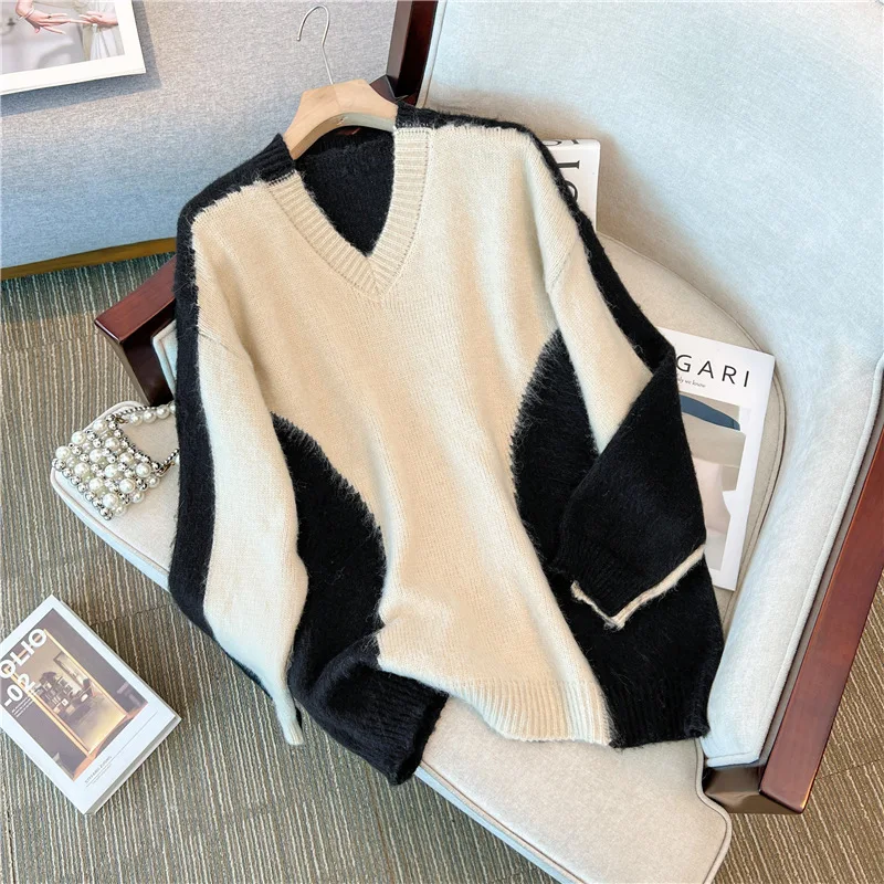 Female Sweater LOOSE Casual individual Knitted Women's V-neck Oversized Korean Fashion Thickening Warm Winter Women's Sweater