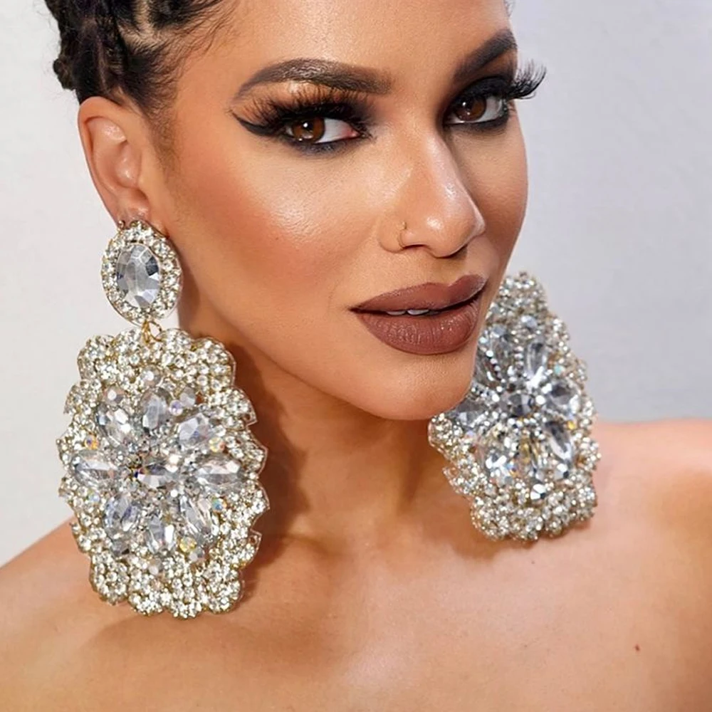 

Elegant Jewelry Flower Exaggerated Earrings Hanging Prom for Women 2024 Fashion Show Oversize Rhinestone Earrings Free Shipping
