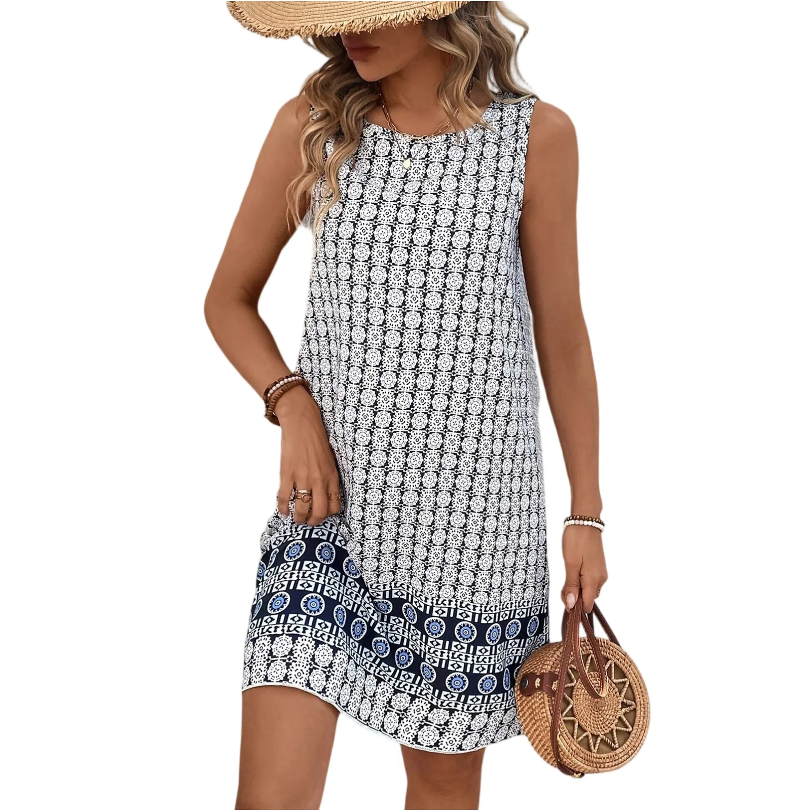 Abito estivo da donna retrò girocollo senza maniche stampato allentato con gilet Abiti da donna 2025 Trend Abiti estivi da donna Casual Summer