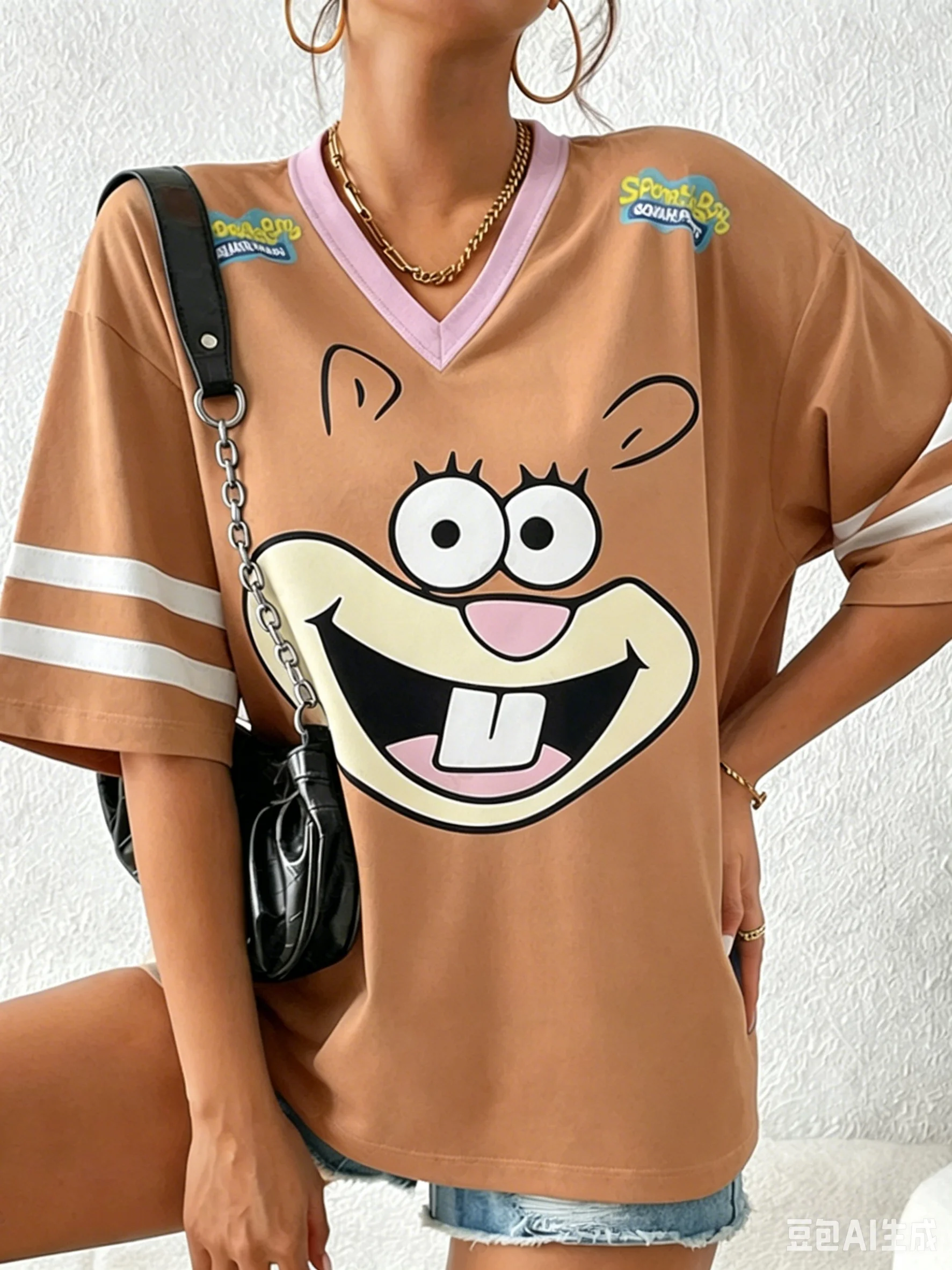 Trendiges SpongeBob Schwammkopf bedrucktes T-Shirt für Herren, Damen und Kinder, Eltern-Kind-Sommer-V-Ausschnitt Sport-Streetwear Y2K Top – Detail 4