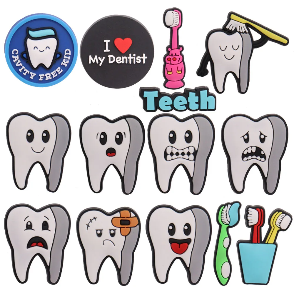 

Single Sale 1pcs PVC Tooth Toothbrush Love Dentist Shoe Charms Buckle Clog Fit Wristbands Backpack Decorations Party Gifts