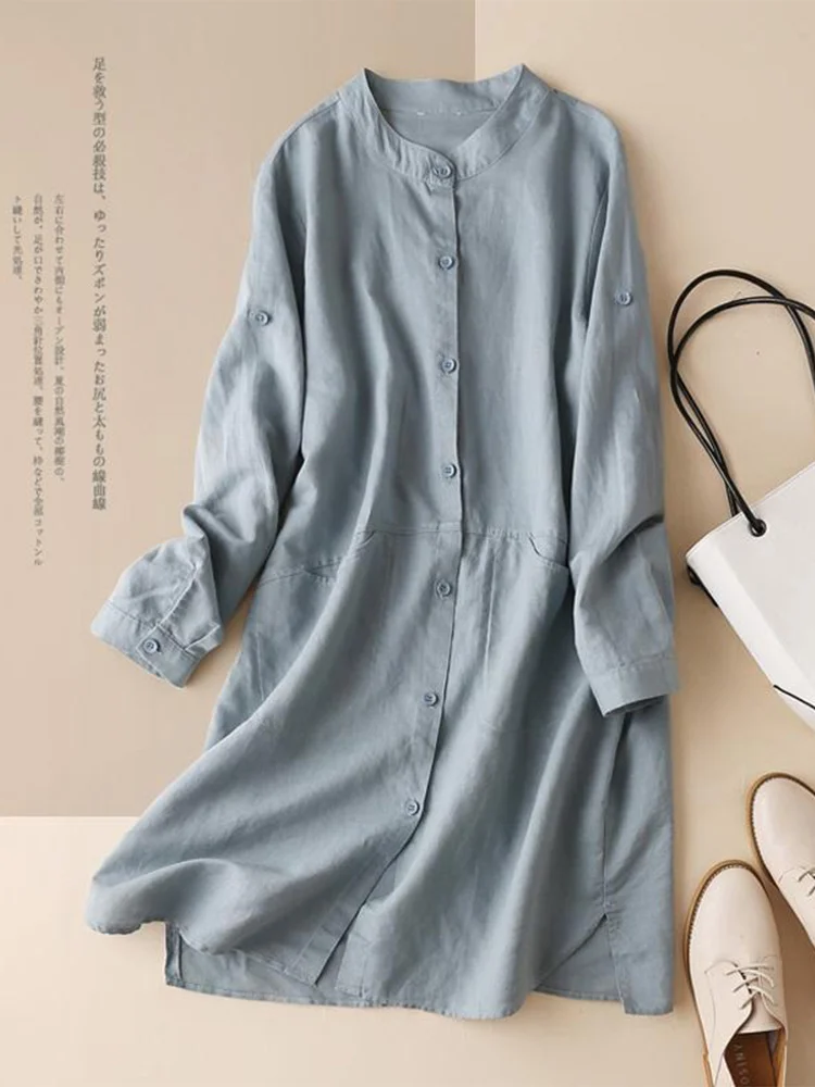 

Хлопково-льняное женское платье с воротником-стойкой Sve Roll up Midi Dr, корейское платье для поездок на работу, однотонное свободное платье на пуговицах