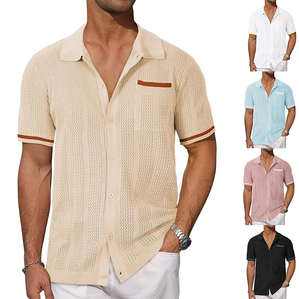 Summer New Short-sleeved Shirt Pockets Hollow Breathable and Cool Summer Mens Casual Top Cardigan