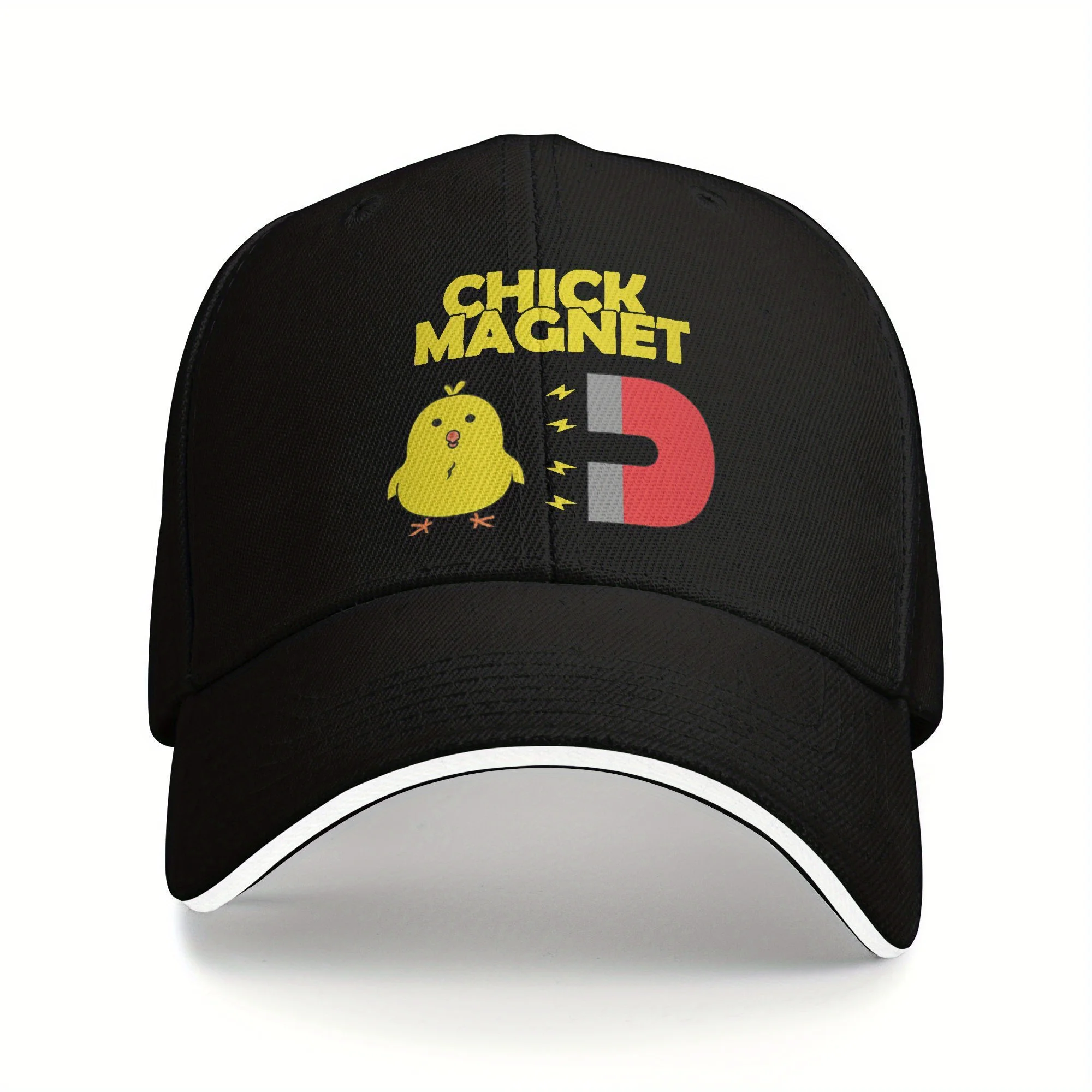 

Бейсболка с рисунком Chick Magnet — черная повседневная бейсболка в сэндвич-стиле, легкий полиэстер, покрытие ПВХ, идея