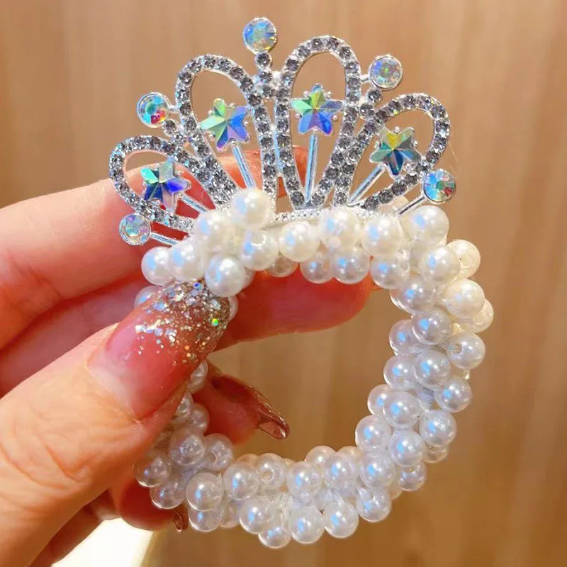 1PCS New Fashion Pearl Crown Princess Cute Kids Elastic Hair Bands Children Hair Ties Girls Hair Accessories Baby Headwear