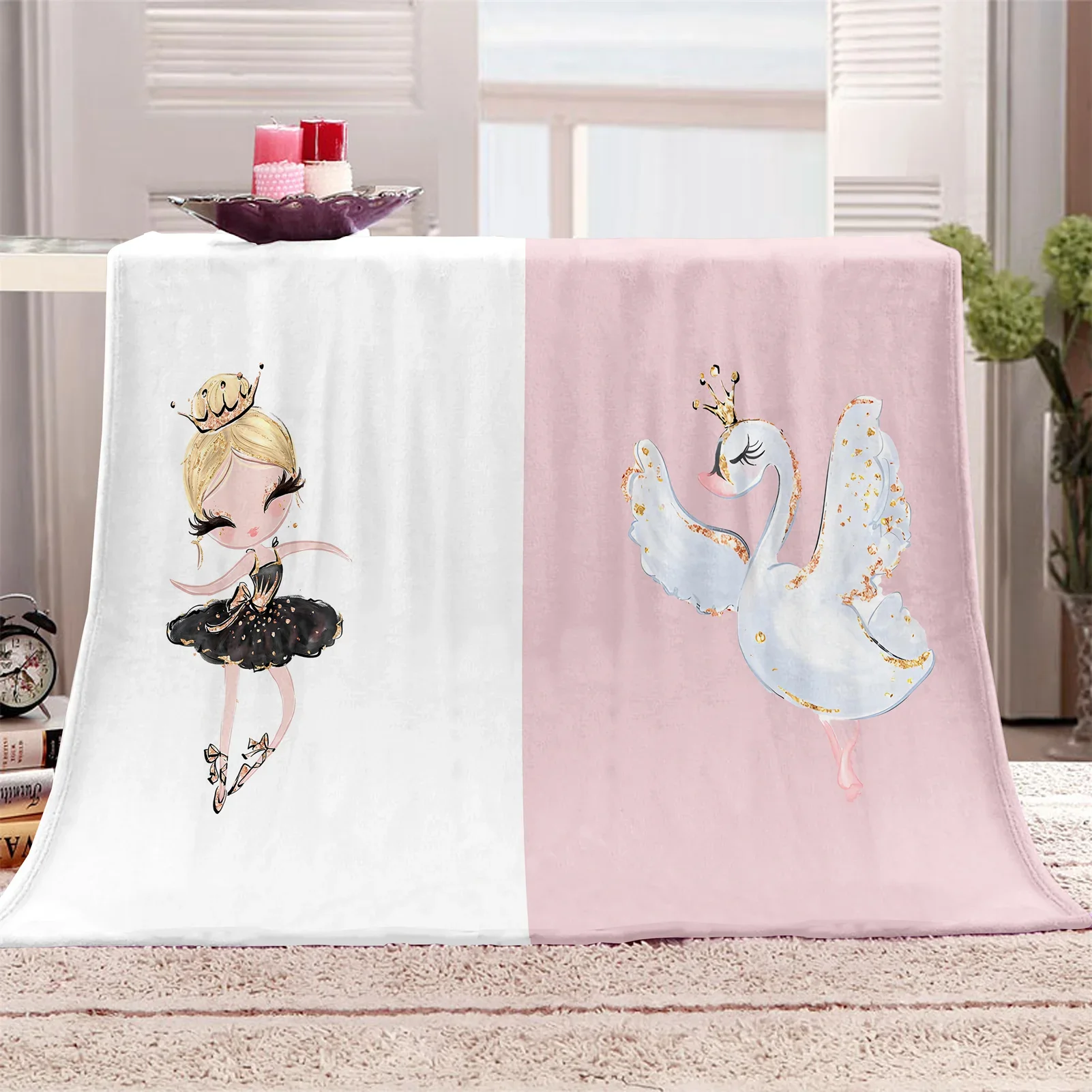 Custom Kids Unicorn Black Princess Pink Swan Girl Soft Polyester Throw Flannel Blanket for Bedroom Bed Travel Office Rest Cover