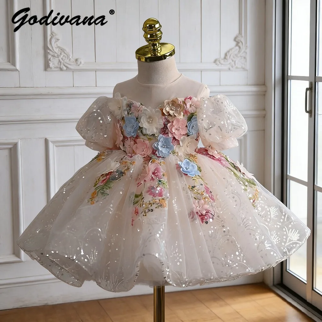 

Sweet Baby Girls High End Princess Dress Kids Summer Puff Sleeve Heavy 3D Floral Embroidery Sequined Birthday Party Ball Gown
